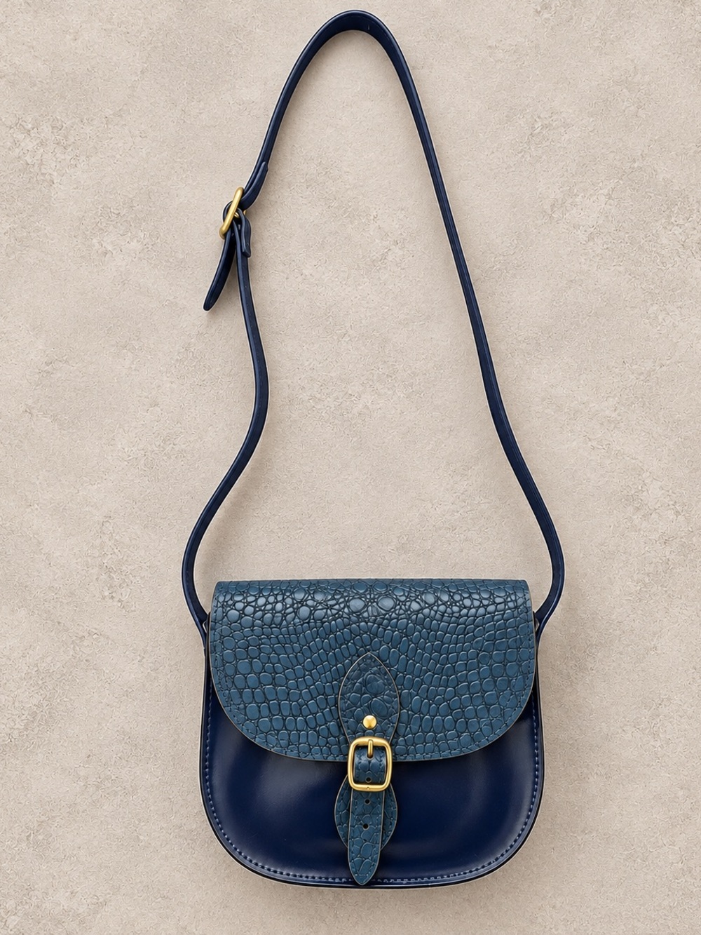 Stella Rittwagen Blue Croc Embossed Leather Crossbody Saddle Bag Made in Spain
